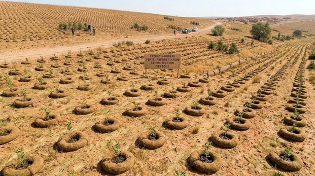Plantation d'arbres en anneaux Terraline (méthode donut) sur un projet de barrière verte