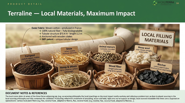 Matières organiques locales utilisées pour remplir Terraline : compost, laine, paille, fibre de bois, fumier