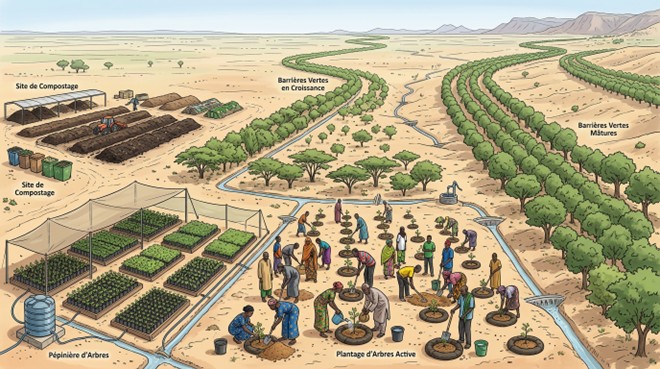 Système TERRAFORMER : bases de compostage, pépinières, plantation et barrières vertes en zone aride